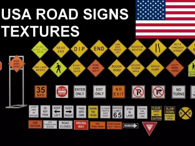 Road Signs Collection with Textures - US Signs Set - 50 Items Low-poly 3D model