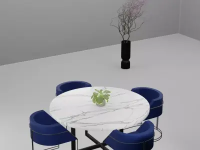 Modern Marble Round Dining Table Set with Blue Velvet Chairs 3d Low-poly 3D model