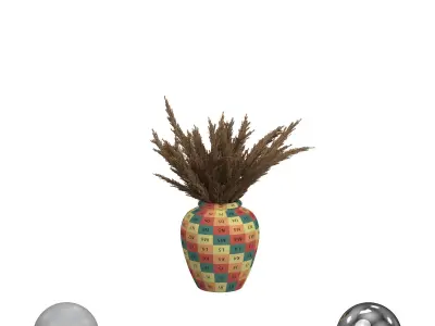 Hand Painted Indonesian Vase with Pampas 3D model