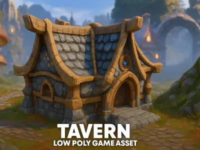 Stylized Fantasy House Medieval Wooden and Stone Building Low-poly 3D model