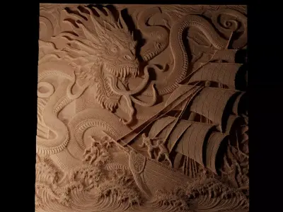 Kraken Attacking Ship CNC 3d Print High Relief Sand Casting 3D print model