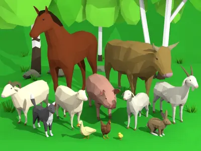 Domestic animals rigged pack Low-poly 3D model