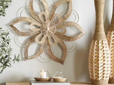 Olivia May Rattan Floral Daisy Wall Decor with Metal Wire Brown 3D model