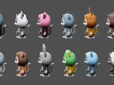 Cartoon kittens in animal costumes Low-poly 3D model