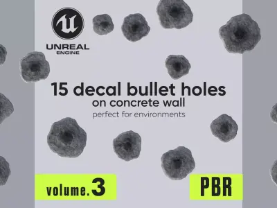 15 Bullet Hole Decals Pack on Concrete Wall 3 Texture