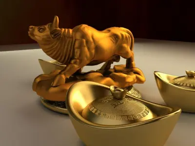 Chinese golden OX with gold ingot 3D model