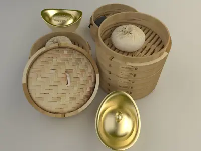 Chinese bamboo steamer Low-poly 3D model