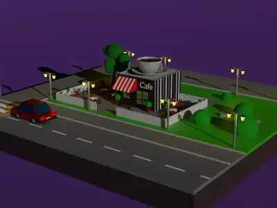Low poly cafe city with street lights and car 3D model