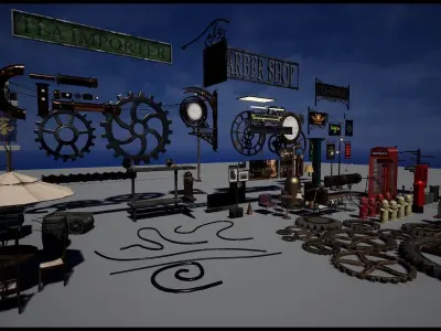 Steampunk Victorian Props Set Both Interior and Exterior Low-poly 3D model