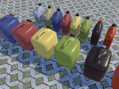 PBR Canisters three different colored water cans on sidewalk Low-poly 3D model