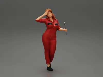 Tired woman mechanic holding a spanner 3D print model