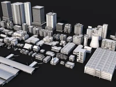 70 Poly Buildings Pack Collection Low-poly 3D model