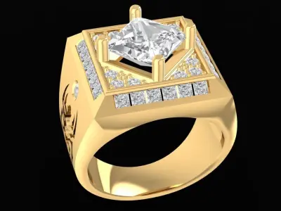 Luxury Square Face Diamond Men Ring with Side Engravings  2498 3D print model