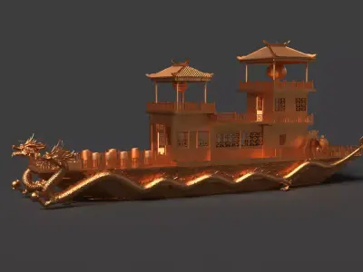 Chinese golden dragon  house boat   Low-poly 3D model