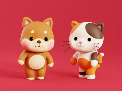 Cartoon Cat and Dog Rigged Animated Characters Animals Pack Low-poly 3D model