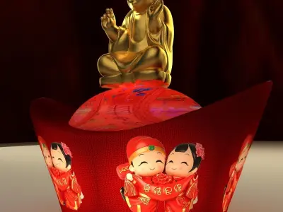 Chinese gold ingot lantern witn monk kid 3D model