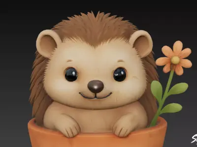Hedgehog in Flower Pot Low-poly 3D model