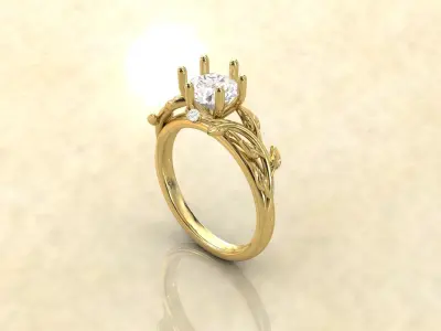 Leaf Vines Engagement Ring with Side Stones Version 2 3D print model