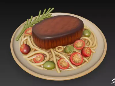 Steak on Spaghetti Low-poly 3D model