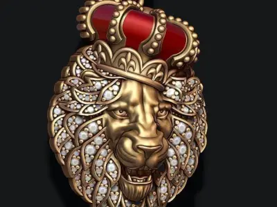 Leon pendant with royal crown diamonds and opened mouth 022 3D print model