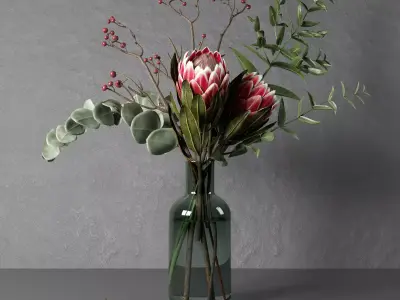 Bouquet of flowers with protea and eucalypt 3D model
