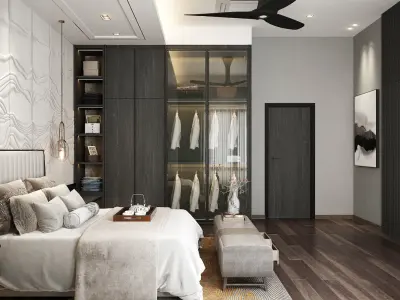 Modern black wood chinese style bedroom 3D model