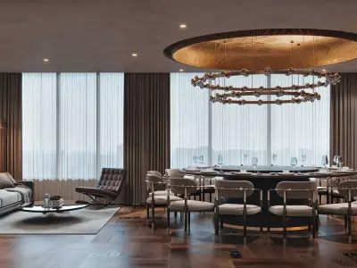 Luxury Private Dining Lounge with Round Table and Chandelier 3D model