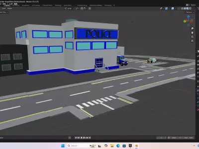 Stylized Low Poly Police Station with Rigged Police Car Low-poly 3D model