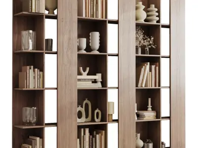 Wooden Shelves Decorative With Book and Plants - Wooden Rack 18 3D model