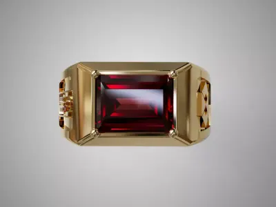 Gold Graduation Ring with Rectangular Red Gemstone 3D Print 3D print model