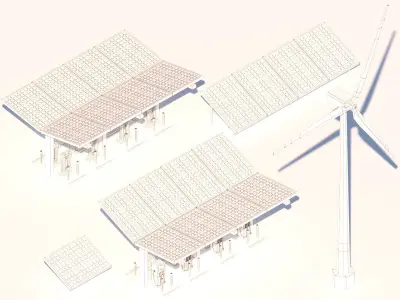 Cartoon Solar Panel Wind Turbine Electric Vehicle Charger Low-poly 3D model