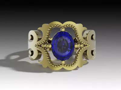 Beaded Gold Ring with Blue Gemstone  3D print model