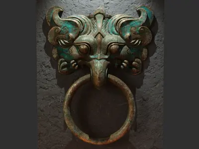 Ancient Chinese Bronze mythical beast Door Knocker PBR Material  3D model