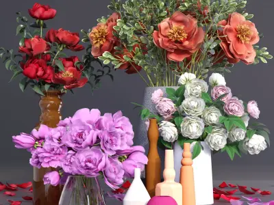 Realistic Collection of Peonies Bouquet in Vases 3D model