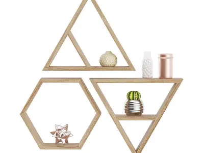 Wooden Wall Shelf with Decorations 3D model