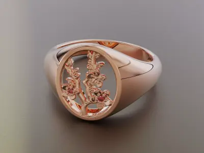 LADIES OVAL SIGNET RING WITH FLOWERS 3D print model