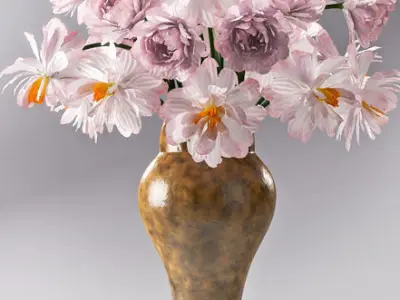 Decorative Set vase with flowers and cup 3D model