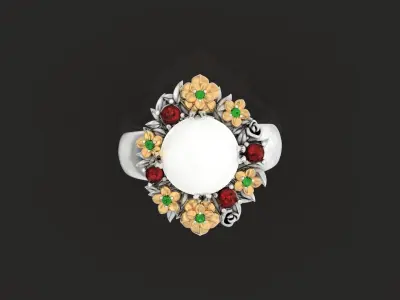  RING with flowers and stones cabochon ring 3D print model