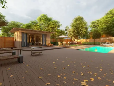 Modern Backyard Cabin with Pool and Outdoor Living Low-poly 3D model