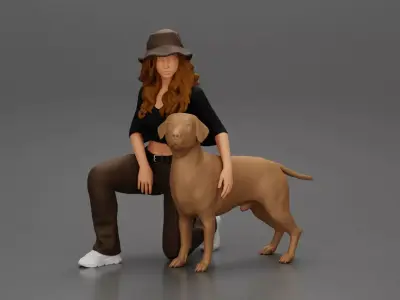 Chola Girl in hat sitting on knee hugging her dog - Separated 3D print model