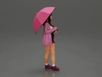 Pretty Girl with an Umbrella in Open Sweater and shorts Posing 3D print model
