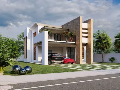 House modern with car parked 3D model