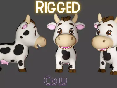 Rigged Black Spotted Cute Farm Cow Low-poly 3D model