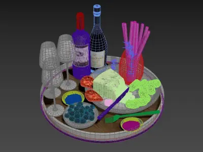 Food Set Cheese Plate With Sausages and Wine  3D model