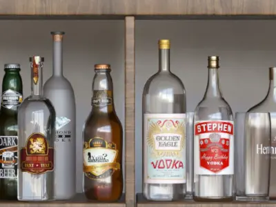 Alcohol set liquor cabinet with bottles and glasses 3D model