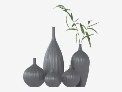 Ceramic dark vase set with plants 3D model