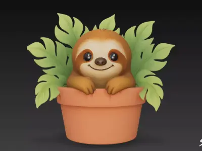 Sloth in Flower Pot Low-poly 3D model