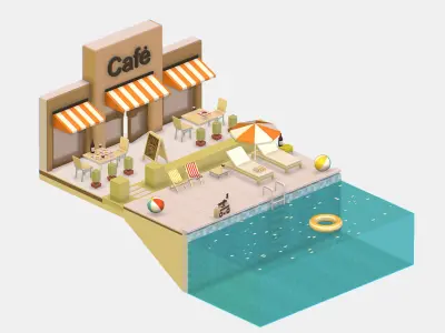 Summer Cafe Pizza Pool sun lounger Low-poly 3D model