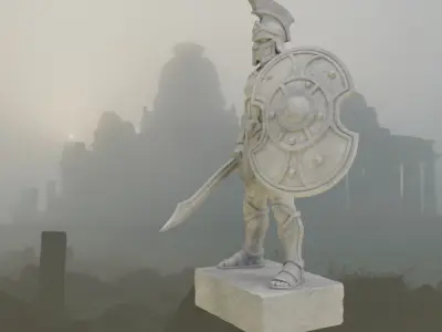 Stylized Ancient Greek Warrior Stone Statue Axe Shield Low-poly 3D model