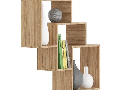 Wooden Wall Shelf with Books and Vases 3D model